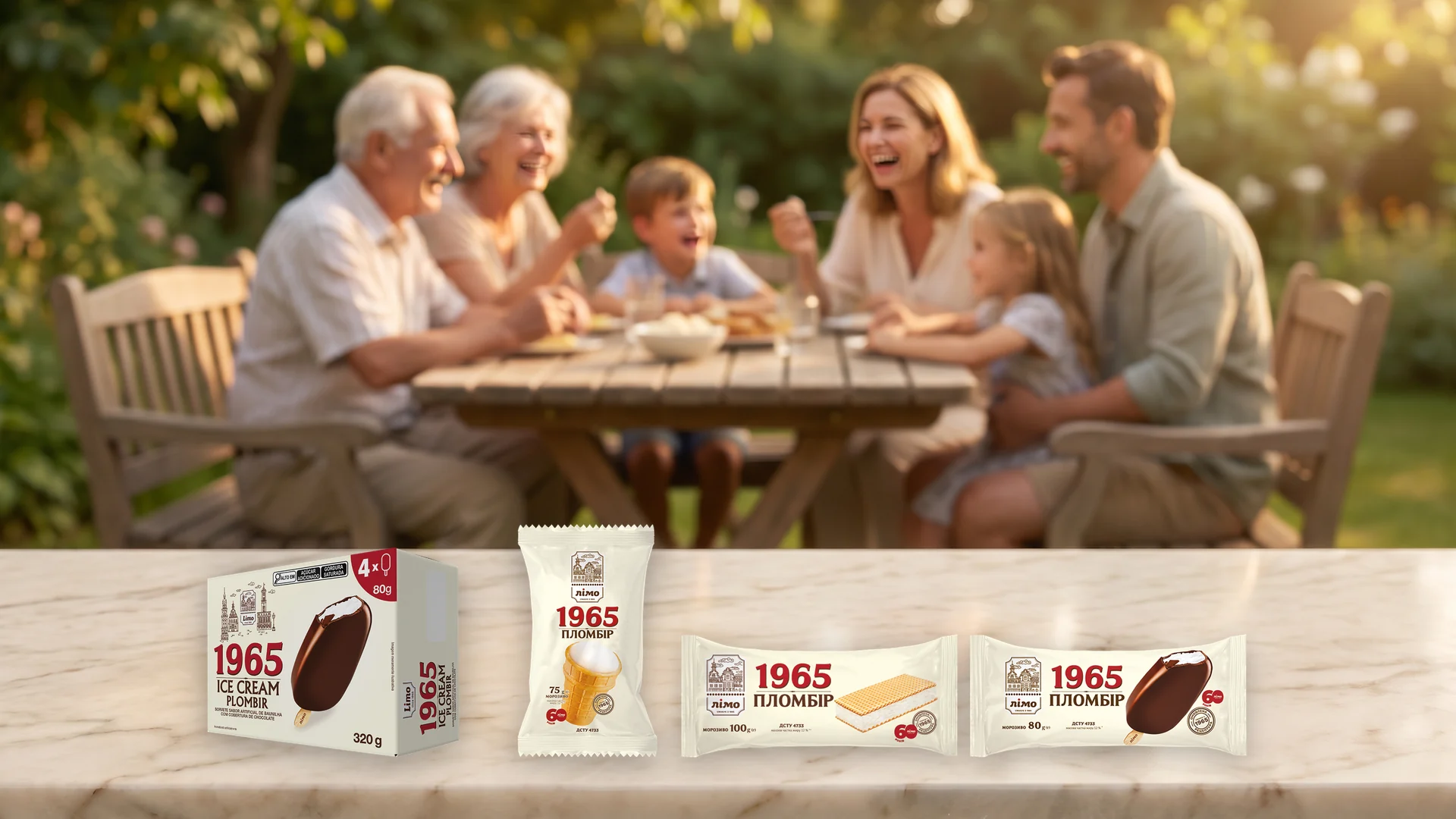 Línea Gelimo 1965 Ice Cream con paleta, barquillo, vasito y sándwich de helado para toda la familia