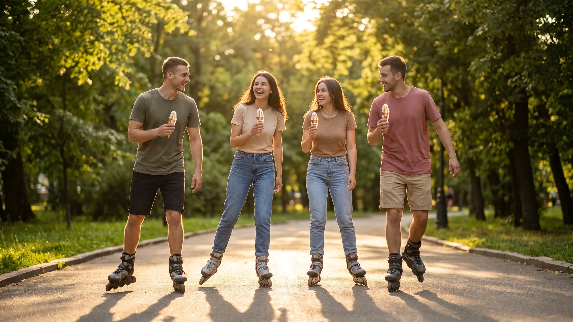 Jóvenes disfrutando helados Gelimo en un parque, representando la variedad de más de 200 recetas y formatos